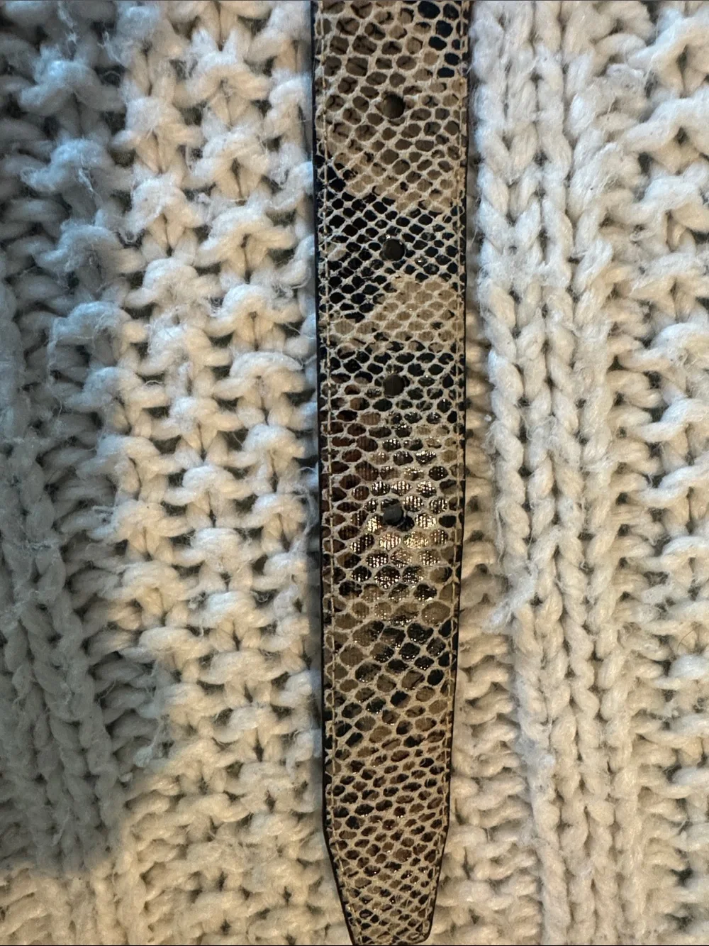 Snake-Print Belt with Antiqued Gold Buckle - White/Brown